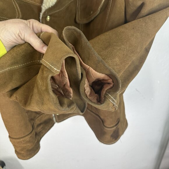 Vintage JC Penney Rancher Jacket Men 46 Brown Suede Shearling Lined Pockets Snap - Picture 6 of 13